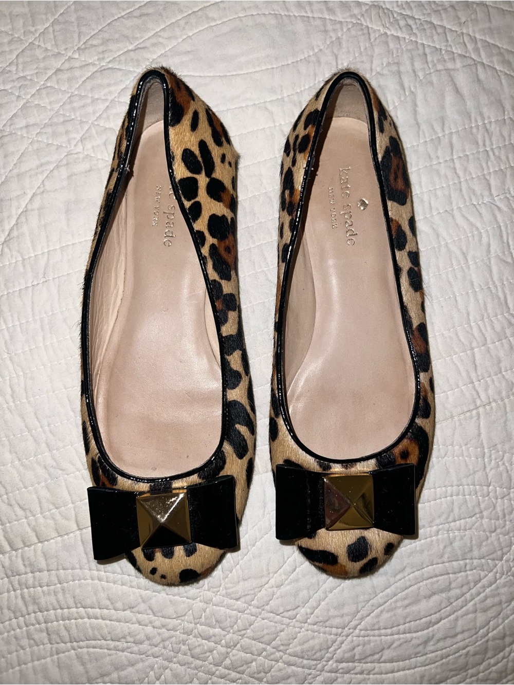 kate spade Leopard Print Ballet Flats with Black Bow & Gold Accent